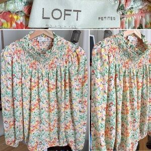 Loft Women’s Smocked Floral Long Sleeve Top Size LP
